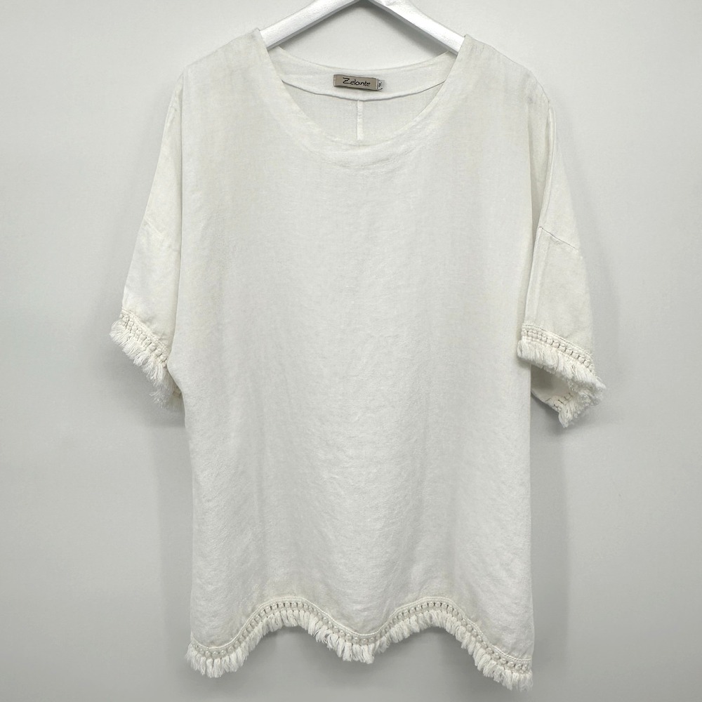 Zelante Top Shirt Size 1X‎ Fringe 100% Linen Lagenlook Beachy Coastal Minimalist